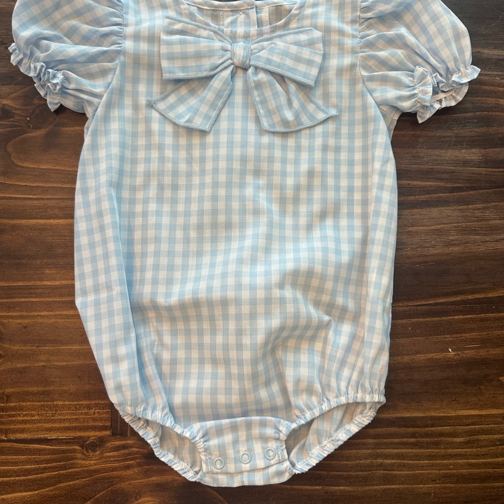 Blue Gingham Baby Romper with Bow